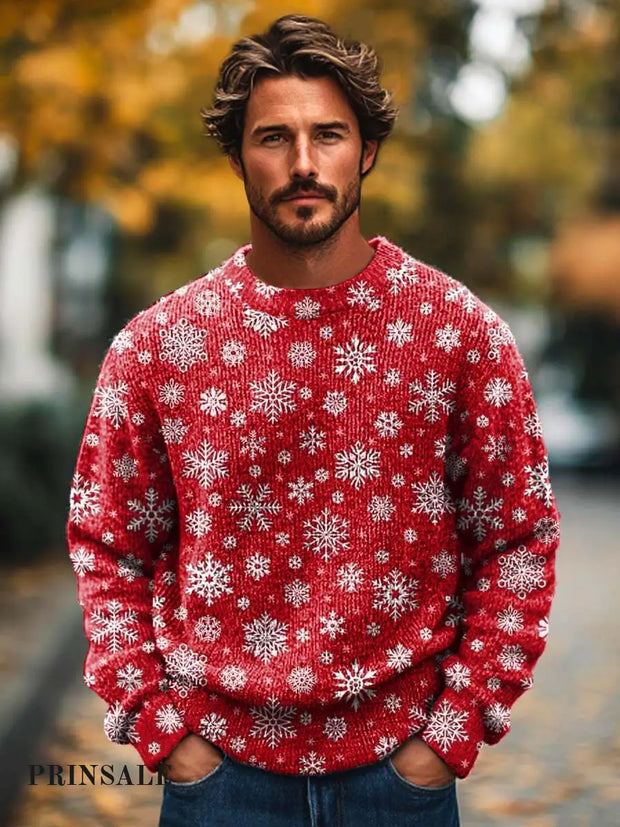 Men’s Fashion Christmas Red Snowflake Print Crew Neck Sweater Red / S