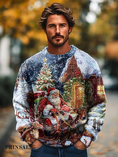 Men’s Fashion Christmas Snow Scene Print Crewneck Sweater Flower Color / S