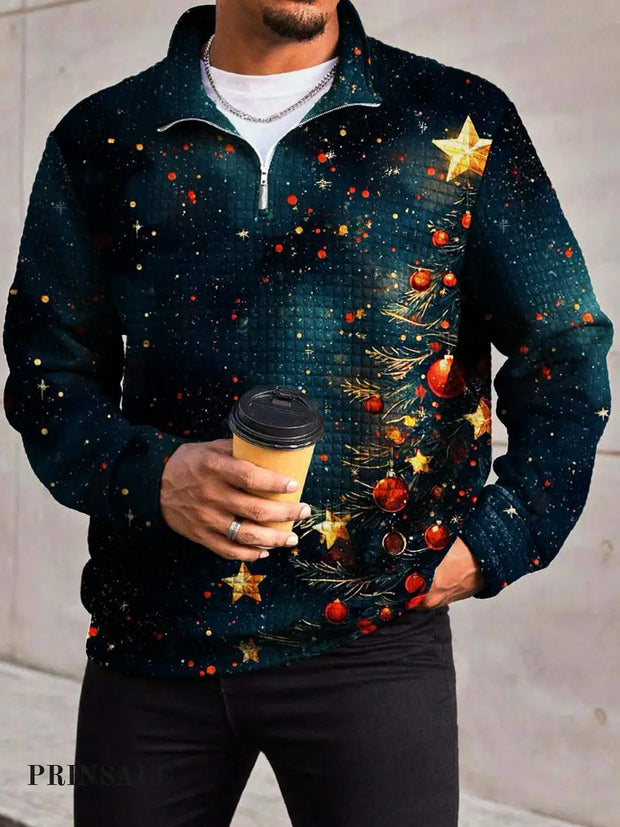 Men’s Fashion Christmas Tree Gift Print Waffle Gra Chain Neckline Long Sleeve Sweatshirt Flower