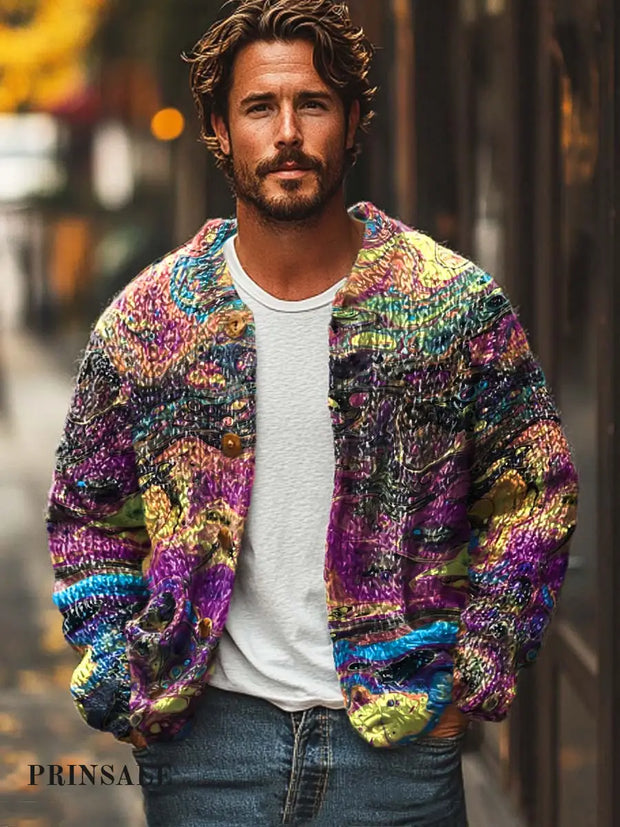 Men’s Fashion Color Smudge Digital Print Sweater Cardigan Jacket Flower Color / S