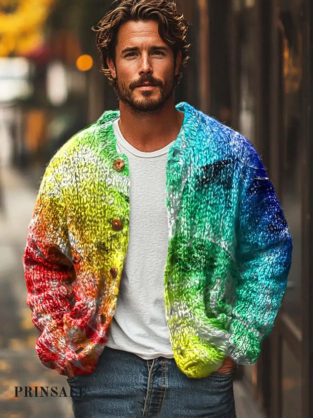 Men’s Fashion Colorful Abstract Art Print Long Sleeve Sweater Cardigan Flower Color / S