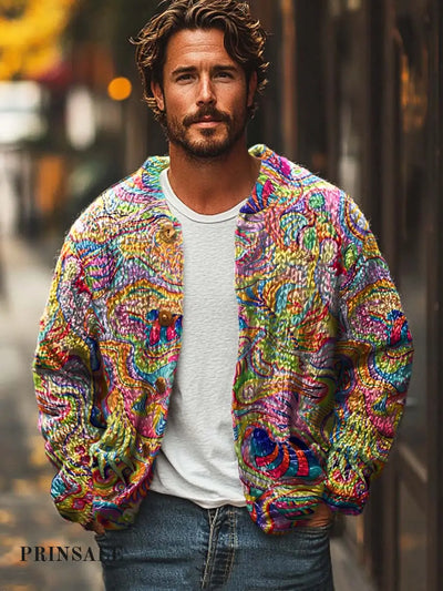 Men’s Fashion Colorful Abstract Art Print Loose Long Sleeve Sweater Jacket Flower Color / S