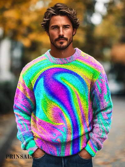 Men’s Fashion Colorful Textured Art Crewneck Sweater Flower Color / S