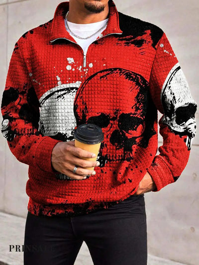 Men’s Fashion Cool Skull Printed Waffle With Zipper Neckline Long Sleeve Hoodie Flower Color / S