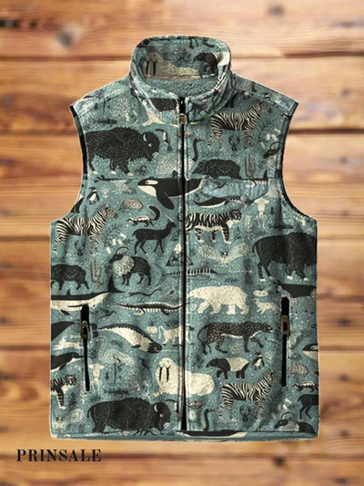 Men’s Fashion Cute Animal Art Print Flannel Vest Flower Color / S