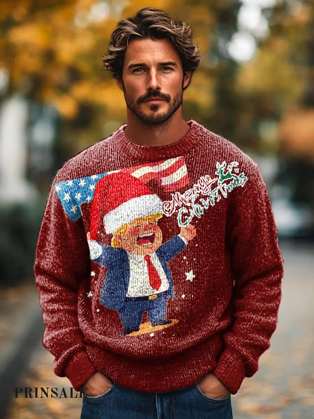 Men’s Fashion Cute Christmas Cartoon Trump Print Crew Neck Sweater Red / S