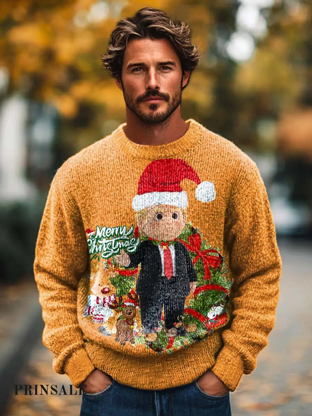 Men’s Fashion Cute Christmas Trump Doll Print Crew Neck Sweater Orange / S