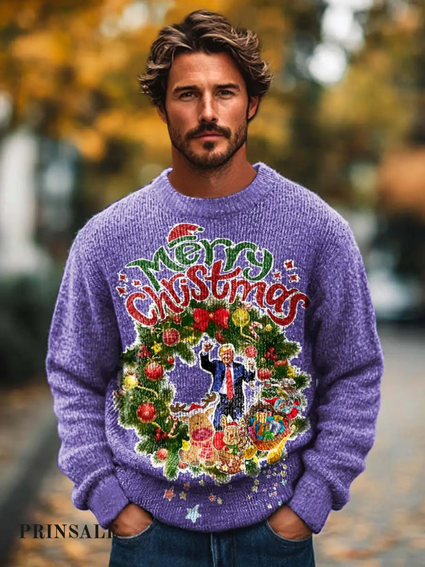 Men’s Fashion Cute Christmas Trump Print Crew Neck Sweater Purple / S