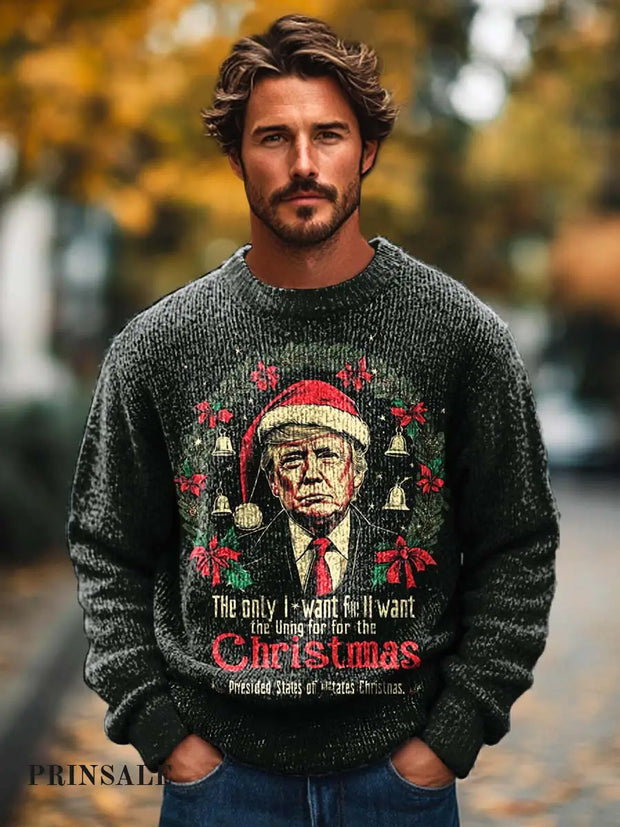 Men’s Fashion Cute Funny Christmas Trump Print Crew Neck Sweater Black / S