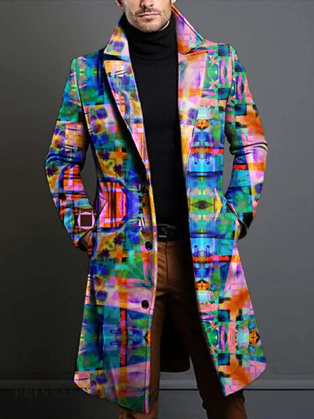 Men’s Fashion Dazzle Abstract Art Print Lapel Wool Coat Flower Color / S