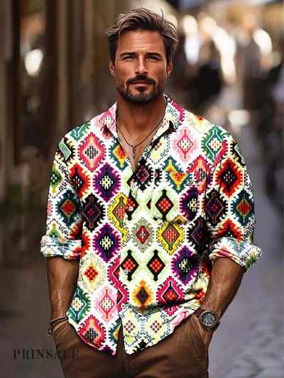 Men’s Fashion Ethnic Ornament Art Print Lapel Long Sleeve Shirt Flower Color / S