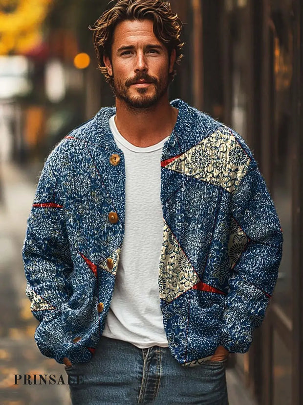 Men’s Fashion Ethnic Patchwork Printed Long-Sleeved Sweater Cardigan Flower Color / S