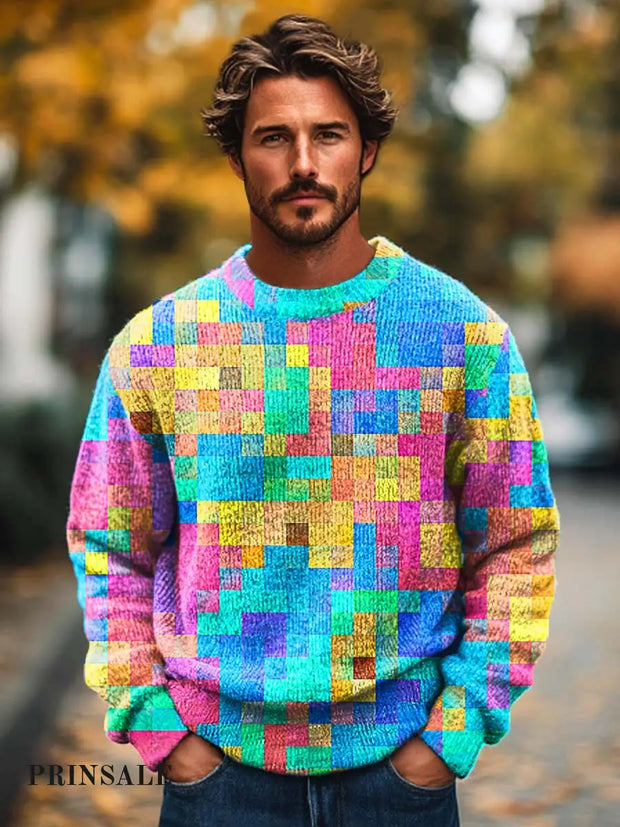 Men’s Fashion Everything With Abstract Mosaic Print Knit Crewneck Sweater Flower Color / S