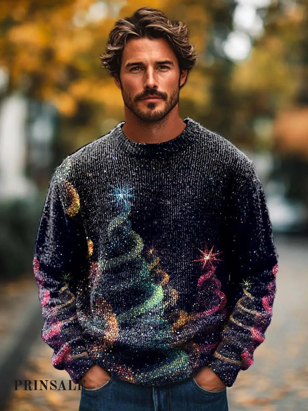 Men’s Fashion Festive Fine Glitter Christmas Tree Print Long Sleeve Knitted Crew Neck Sweater