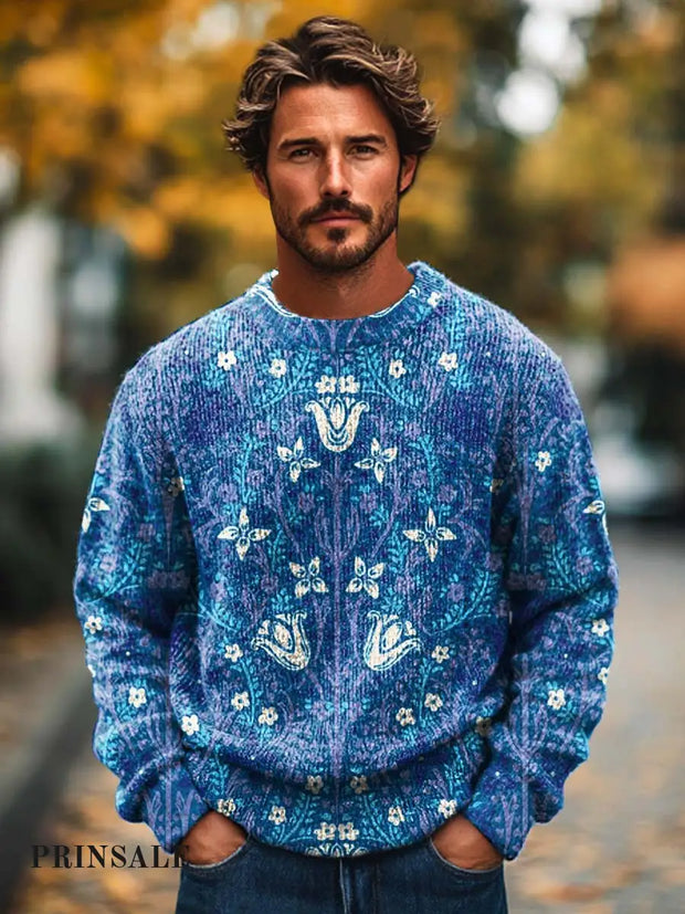 Men’s Fashion Floral Pattern Art Print Crewneck Sweater Blue / S