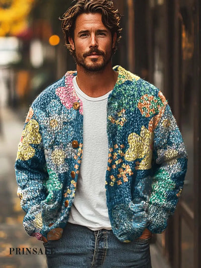 Men’s Fashion Floral Print Casual Loose Sweater Jacket Blue / S