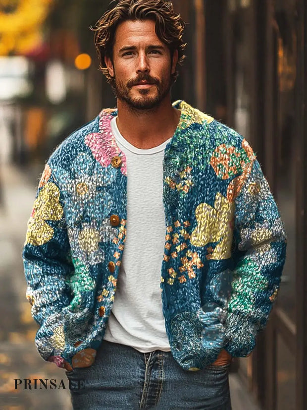 Men’s Fashion Floral Print Casual Loose Sweater Jacket Blue / S