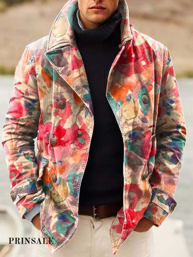 Men’s Fashion Floral Smudge Art Print Double-Breasted Jacket Flower Color / S