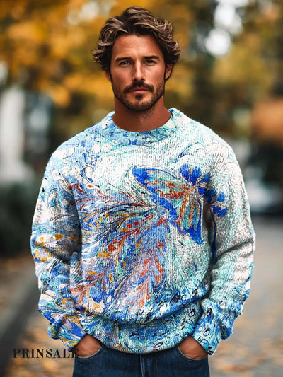 Men’s Fashion Free Ocean Abstract Jellyfish Art Print Long Sleeve Crew Neck Sweater Flower Color / S