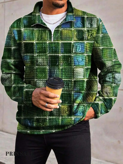 Men’s Fashion Glass Abstract Grid Printed Waffle Zipper Collar Long Sleeve Hoodie Green / S