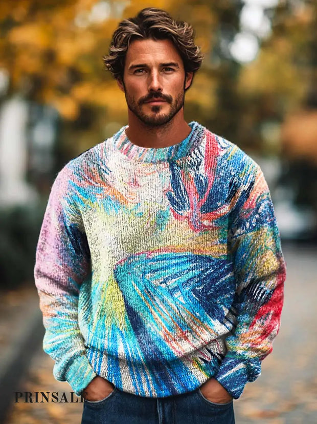 Men’s Fashion Graffiti Art Crew Neck Sweater Flower Color / S