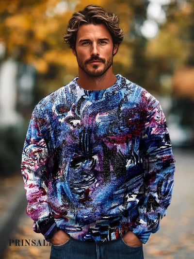 Men’s Fashion Handsome Graffiti Print Crewneck Sweater Flower Color / S