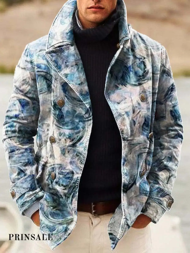 Men’s Fashion Hazy Fluid Art Print Double-Breasted Jacket Flower Color / S