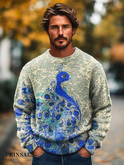 Men’s Fashion High Class Elegant Peacock Art Illustration Print Long Sleeve Crew Neck Sweater