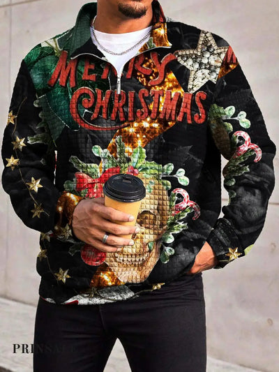 Men’s Fashion Holiday Skeleton Merry Christmas Printed Waffle With Zipper Neckline Long-Sleeved