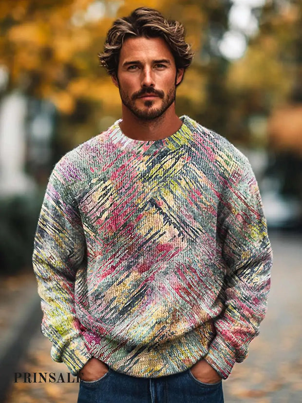 Men’s Fashion Irregular Line Print Crewneck Sweater Flower Color / S