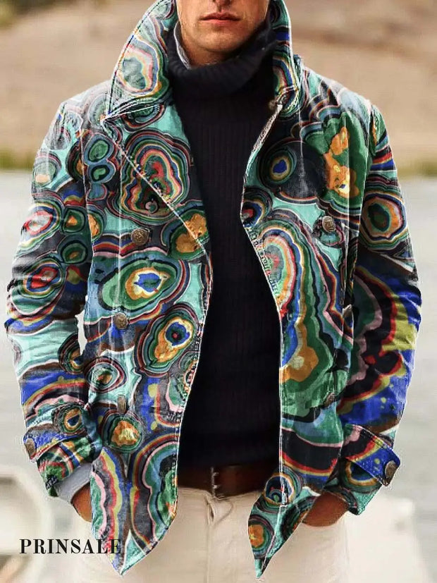 Men’s Fashion Irregular-Print Double-Breasted Jacket Flower Color / S