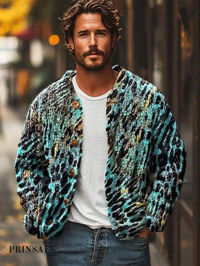 Men’s Fashion Leopard Print Long Sleeve Sweater Cardigan Flower Color / S