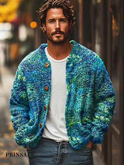 Men’s Fashion Malachite Print Sweater Cardigan Flower Color / S