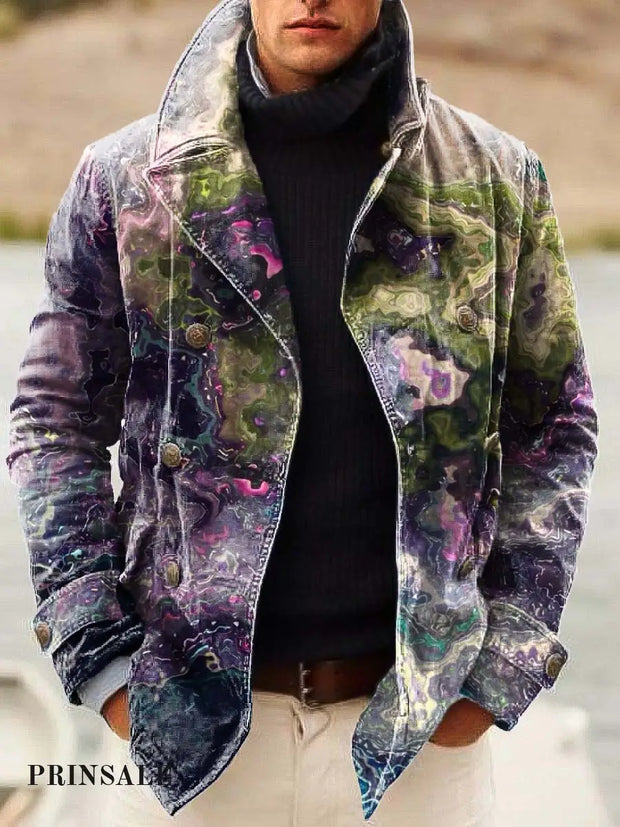 Men’s Fashion Multi-Breasted Jacket With Colorful Smudge Art Print Flower Color / S