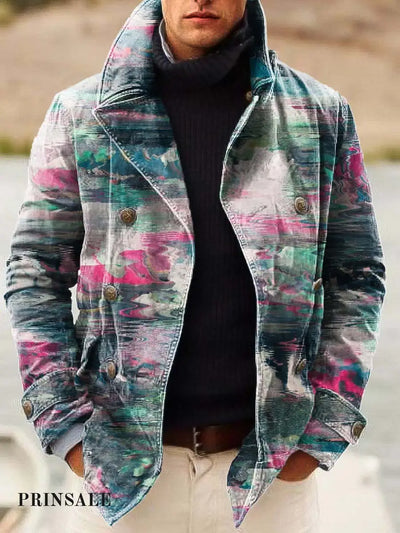 Men’s Fashion Multi-Breasted Jacket With Colorful Smudge Art Print Flower Color / S