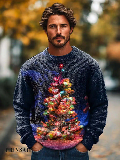 Men’s Fashion Mystery Christmas Tree Printed Crewneck Sweater Flower Color / S