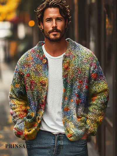 Men’s Fashion Pastoral Floral Print Sweater Cardigan Flower Color / S