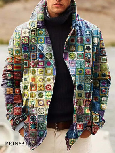 Men’s Fashion Patchwork Print Double-Breasted Jacket Flower Color / S