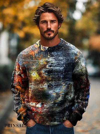 Men’s Fashion Personality Abstract Texture Art Print Long Sleeve Crew Neck Sweater Flower Color / S