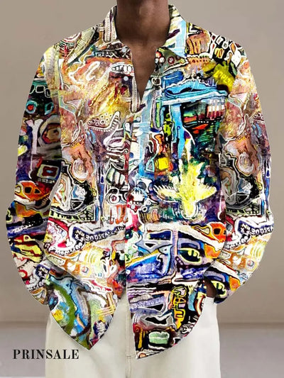 Men’s Fashion Personality Color Graffiti Digital Print Long Sleeve Shirt Flower Color / S