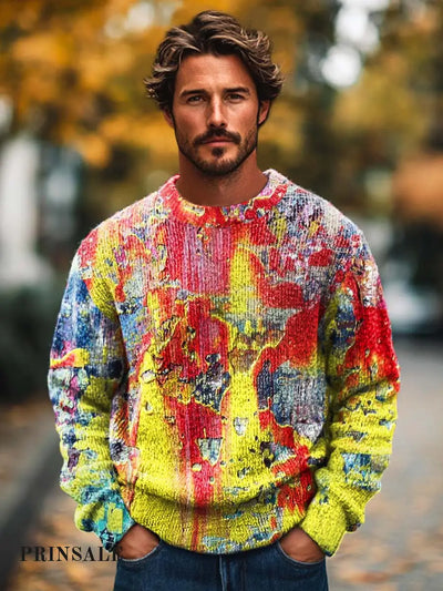 Men’s Fashion Premium Abstract Burn Art Crew Neck Sweater Flower Color / S