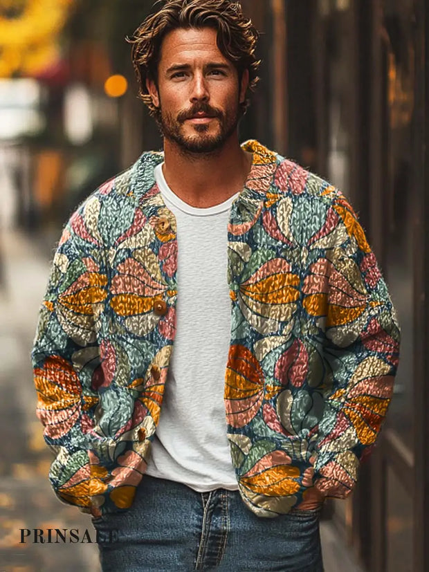 Men’s Fashion Print Casual Cardigan Sweater Jacket Flower Color / S