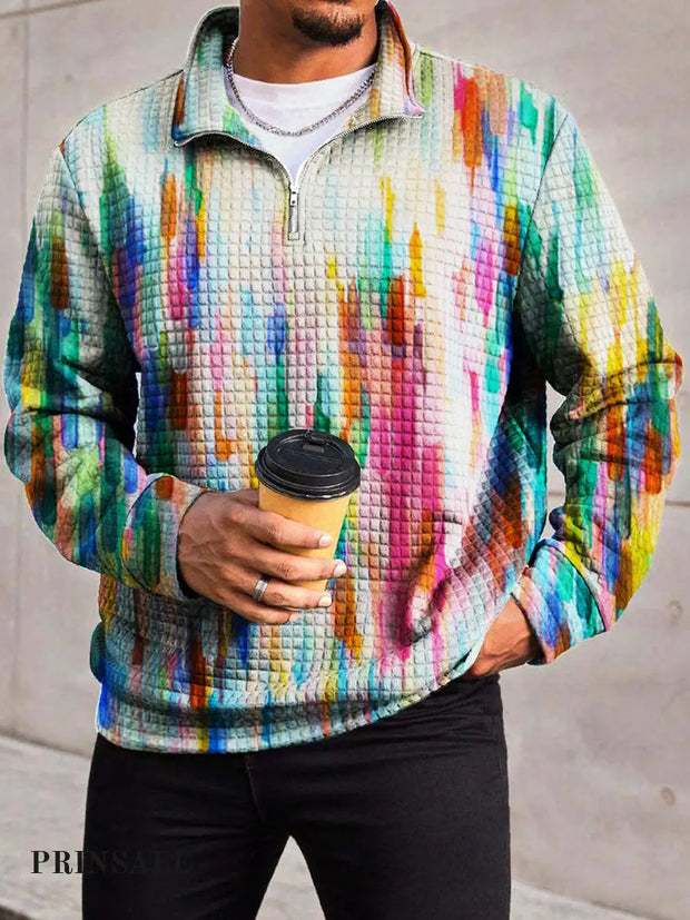 Men’s Fashion Rainbow Irregular Stripe Printed Waffle Zipper Collar Long Sleeve Hoodie Flower