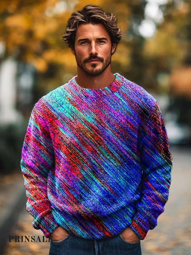 Men’s Fashion Rainbow Trend Print Long Sleeve Crew Neck Sweater Flower Color / S