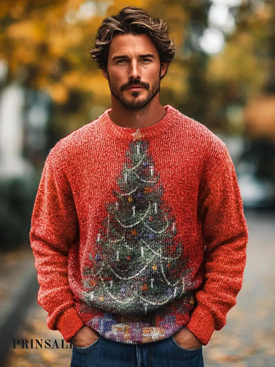 Men’s Fashion Red Jewelry Christmas Tree Gift Print Long Sleeve Crew Neck Sweater / S