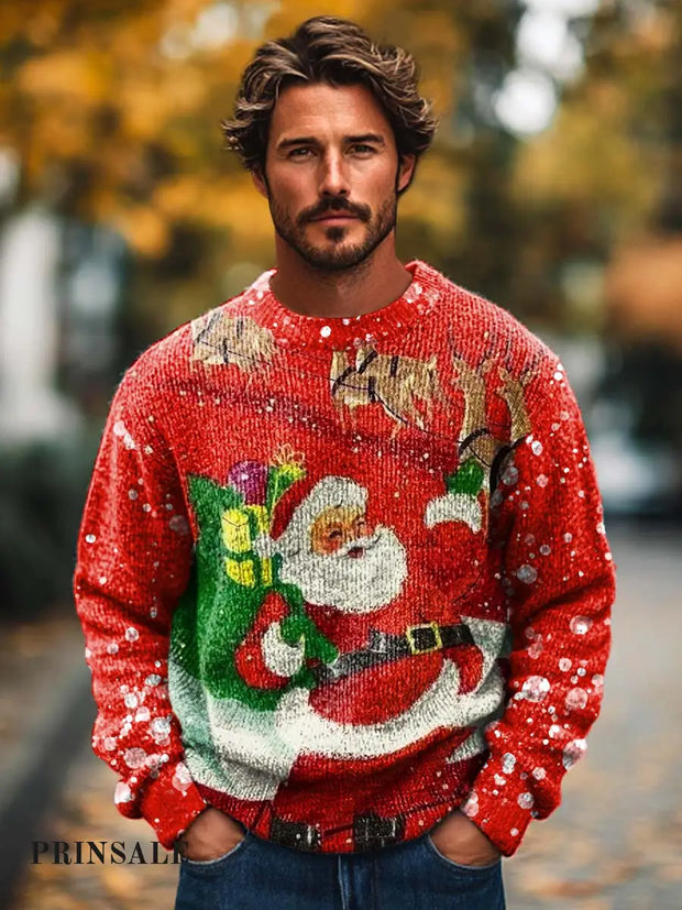 Men’s Fashion Red Santa Claus Reindeer Pattern Print Long Sleeved Crew Neck Sweater / S