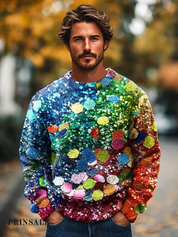 Men’s Fashion Retro Holiday Gradient Glitter Print Knitted Long Sleeved Round Neck Sweater Flower