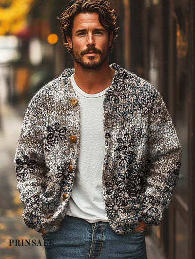 Men’s Fashion Retro Versatile Printed Sweater Cardigan Flower Color / S