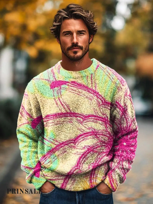 Men’s Fashion Simple Floral Line Printed Knit Crew Neck Sweater Flower Color / S