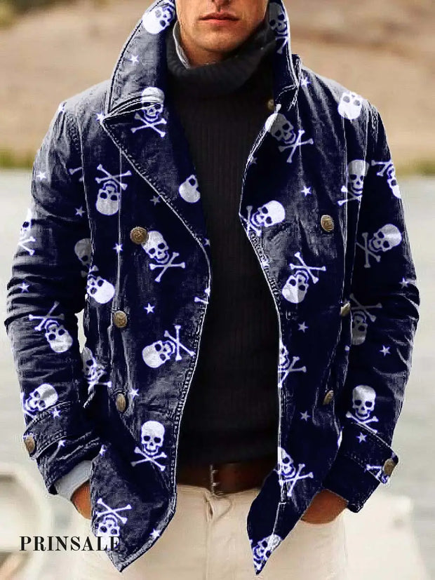 Men’s Fashion Skull Art Print Double-Breasted Jacket Flower Color / S